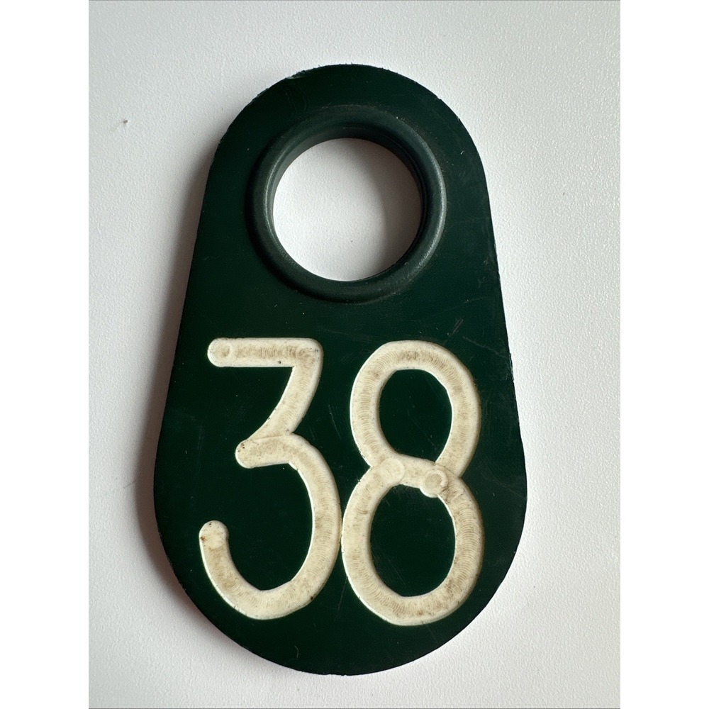 Vintage Cow Number Ear Tag Dairy Farm Cattle Sheep Marker #38 Double Sided GREEN